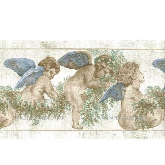 Sunworthy (4) 5Yds Blue Wings Angels Cherubs Cream Beige Wreath Wallpaper Border - Picture 2 of 6